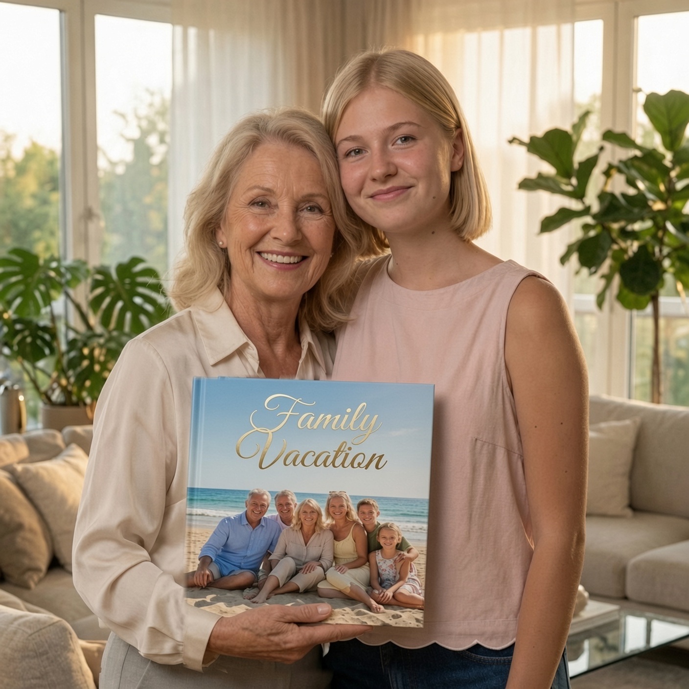 Juliann and her grandma Joyce at home, smiling, with Joyce holding her finished Family Vacation photo book.