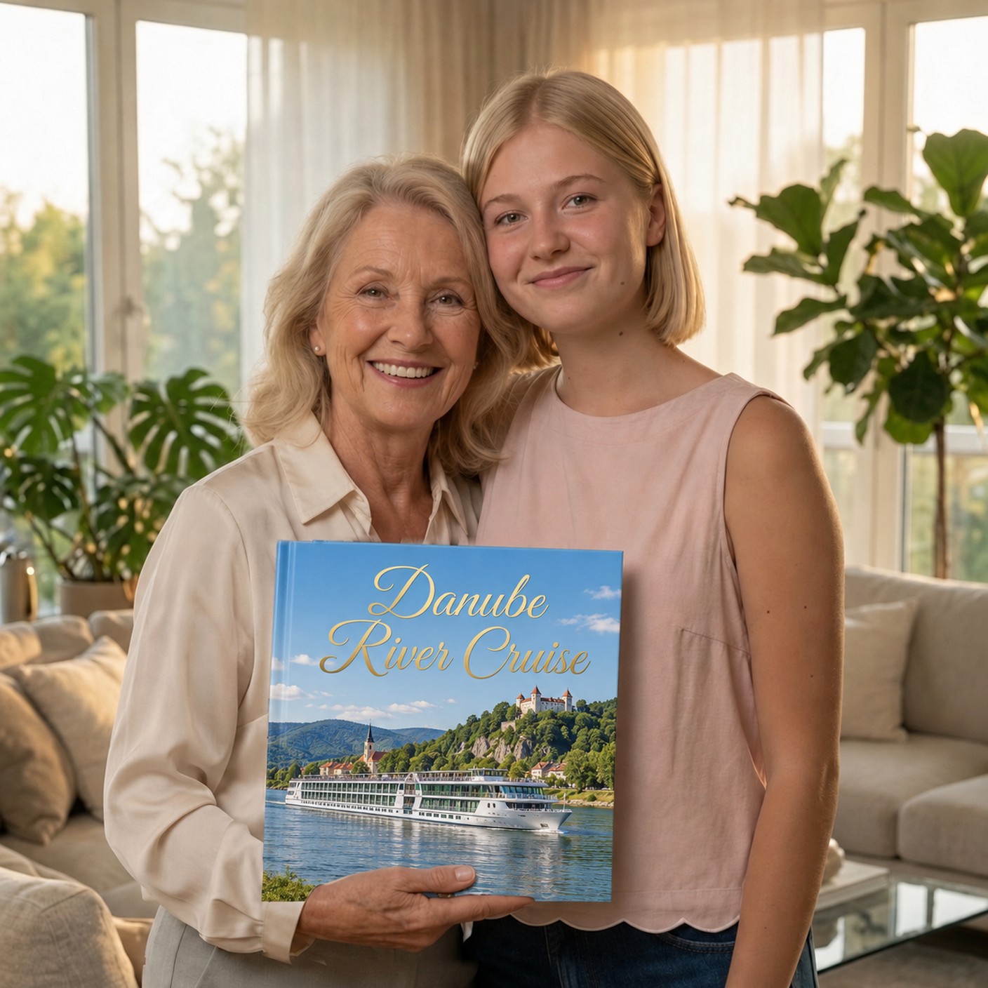 Juliann and her grandma Joyce holding Joyce's Danube River Cruise photo book.