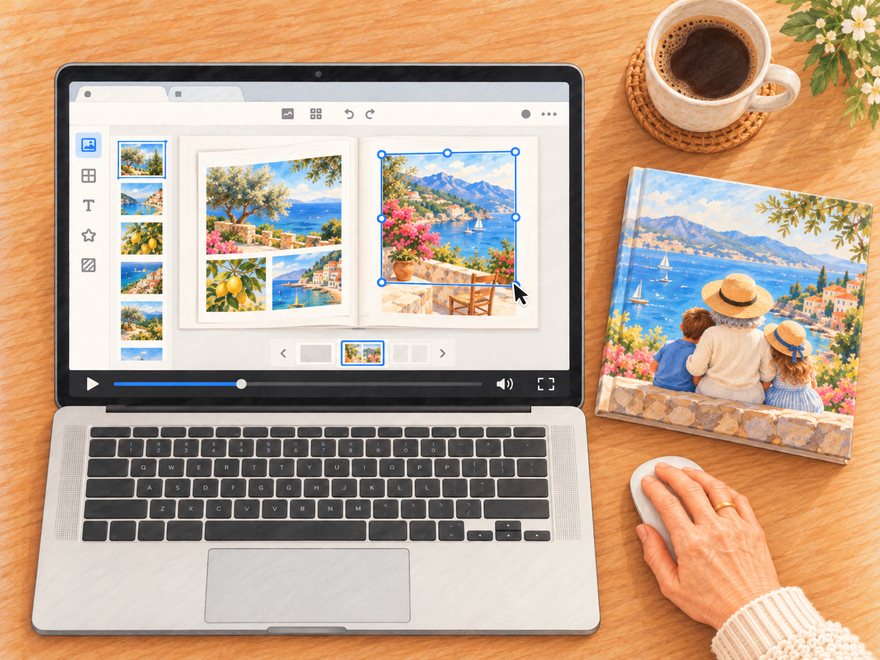 A laptop showing a photo book being laid out, next to the finished printed book.
